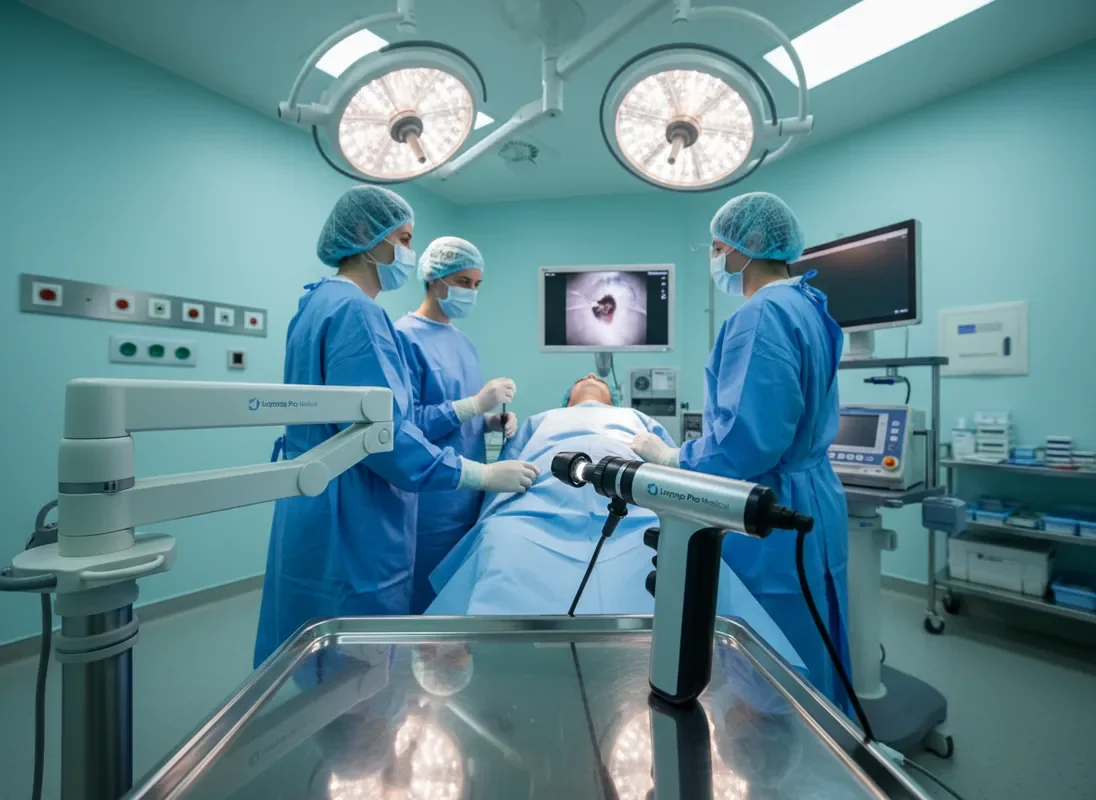Medical professionals using laryngoscopy equipment in operating room