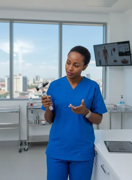 Healthcare provider reviewing clinical evidence in East African hospital