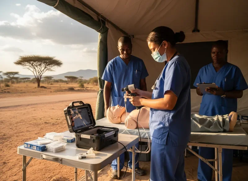 Mobile medical team using portable Laryngo Pro Medical equipment in rural clinic