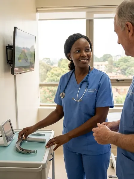 Clinician reviewing laryngoscopy equipment in East African hospital